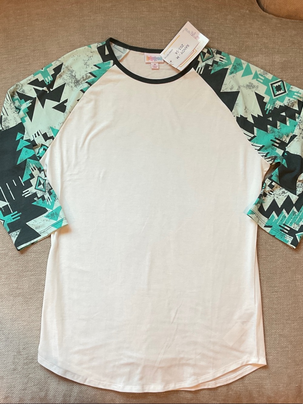 White Raglan Sleeve Shirt with Teal Aztec Print